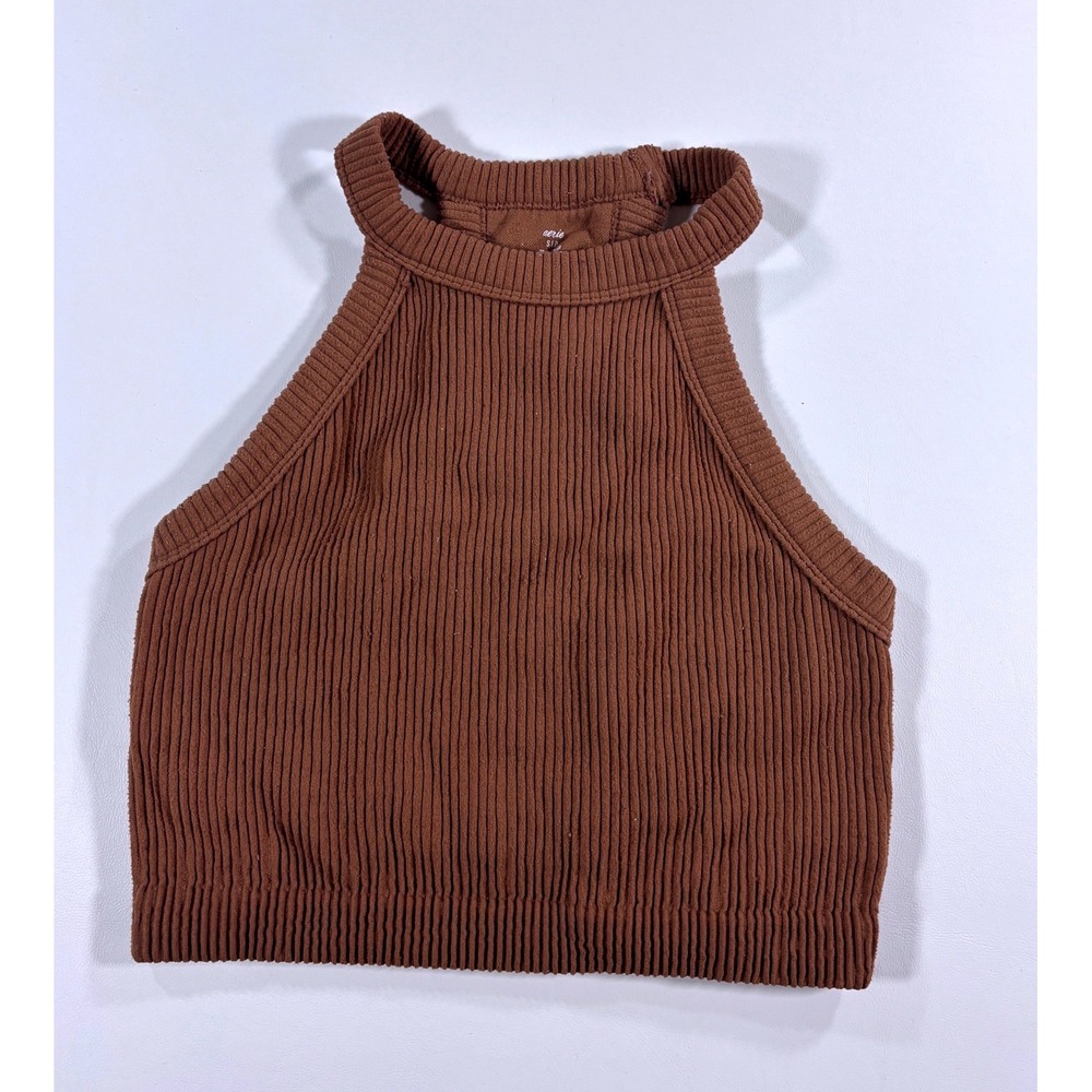 Aerie Women Ribbed High Neck Crop Tank Top Small Brown Real Good Seamless
